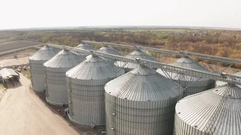 Large metal grain silos storing harvested crops in rural landscape Stock Footage 309775960