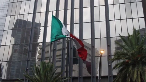 Large Mexican Flag Reflected in Glass Building Stock Footage 105994396