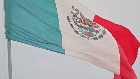 Large Mexican Flag Waving Against Cloudy Sky At Zocalo In Mexico City Stock Footage 344884902
