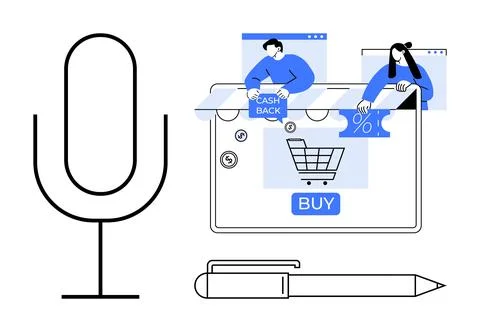 Large microphone and web browser with shopping cart and Buy button, cash back Stock Illustration