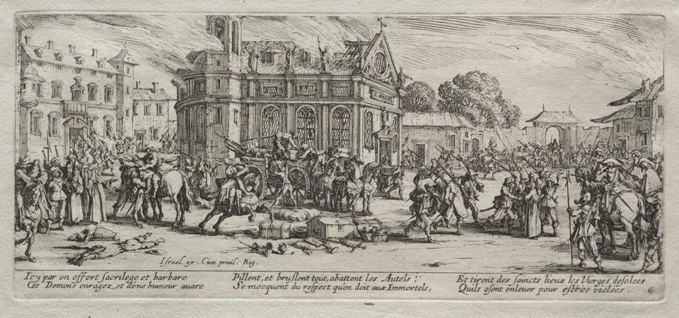 The Large Miseries of War: Devastation of a Monastery, 1633. Jacques Callot.. Stock Illustration