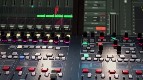Large mixing console for sound control, dolly shot Stock Footage 173553491