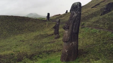 Large Moai Leaning on Slope at Rano Raraku, Rapa Nui, Chile 1080p Stock Footage 160006537