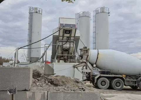 Large Mobile Concrete Batching Plant with Storage Silos and Mixer Truck Stock Photos