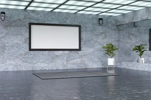 Large mockup poster board on a wall in an empty hall with large mirror. 3d re Stock Illustration