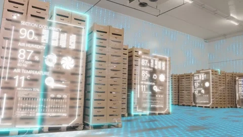 Large modern cold storage warehouse for storing vegetables and fruits inside Stock Footage 333582994