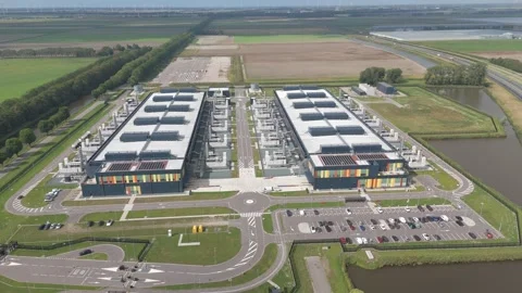 Large modern computing data server infrastructure aerial view Stock Footage 321486120