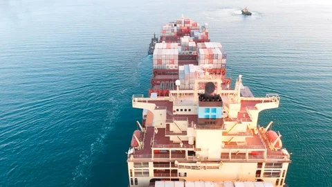 Large modern container ship arrives at port of discharge - Top down Aerial Stock Footage 106659538