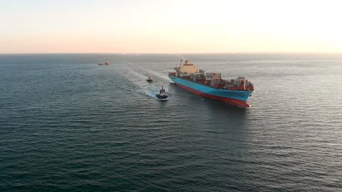 Large modern container ship arrives at port of discharge - Top down Aerial Stock Footage 106661594