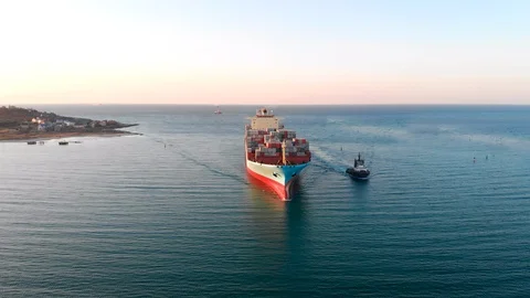 Large modern container ship arrives at port of discharge - Top down Aerial Stock Footage 106662565