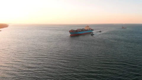 Large modern container ship arrives at port of discharge - Top down Aerial Stock Footage 106662721