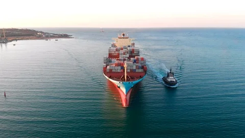 Large modern container ship arrives at port of discharge - Top down Aerial Stock Footage 106662885