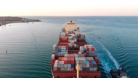Large modern container ship arrives at port of discharge - Top down Aerial Stock Footage 106662945