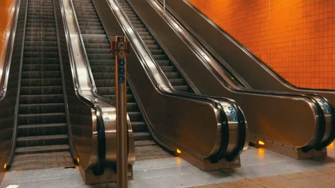 Large modern escalator in subway. Deserted escalator without people on four Stock Footage 101050128