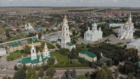 Large monastery complex with architectural landmarks in town Stock Footage 152852413