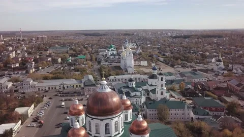 Large monastery complex with different green roof churches Stock Footage 152849484