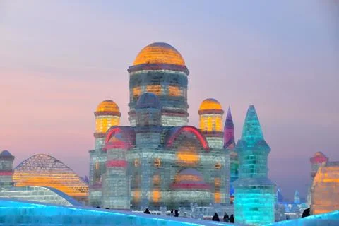A large monastery made out of ice at Harbin Ice Festival Stock-Fotos