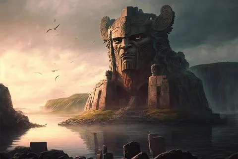 A Large Monument To A Deity By A Large River Stock Illustration