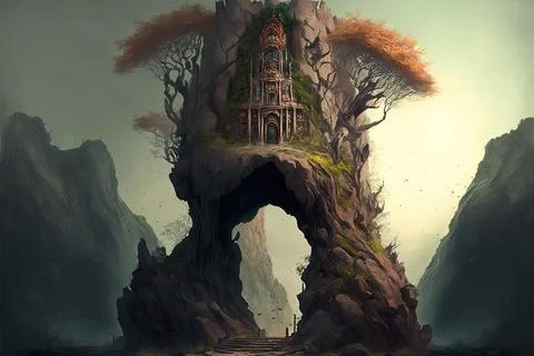 A Large Monument To A Deity In A Volcano Stock Illustration