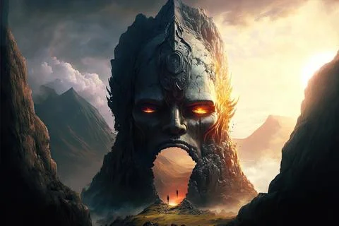 A Large Monument To A Deity On A Volcano Stock Illustration