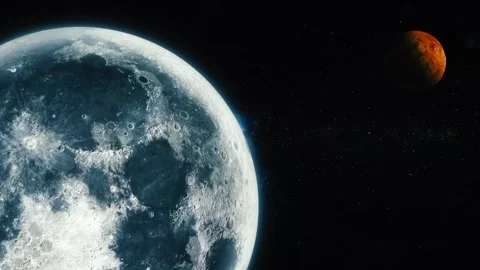 Large moon-like planet in the foreground with a small red planet in deep sp.. Stock Footage 340382980