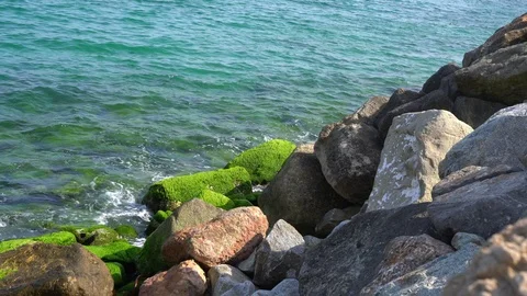 Large moss covered rocks by the sea with clear water 스톡 동영상 112445603
