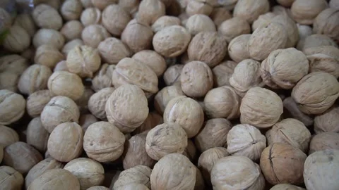 Large Mound of Whole Raw Brown Walnuts in Shells at a Food Market Stock Footage 340480451