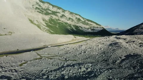 A large Mountain Landslide with a Highway through it, Aerial view Stock Footage 289486140
