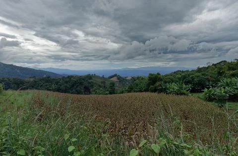 Large mountain under gloomy clouds from Doi Samer Dao, Nan, Thailand Stock Photos