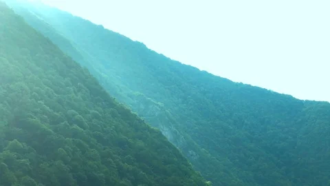 Large mountains overgrown with dense forest and a river at the foot 動画素材 128906251