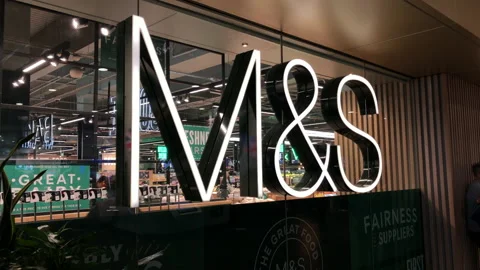 The large M&amp;S, Marks and Spencer logo sign, Stratford, London, UK. Stock Footage 155017149