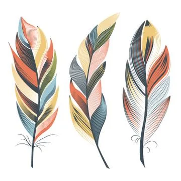 Large multi-colored fluffy feathers. Boho style Stockillustratie