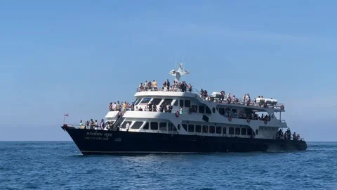 Large multi deck cruise ship filled with international tourists sailing Vídeo Stock 331074655