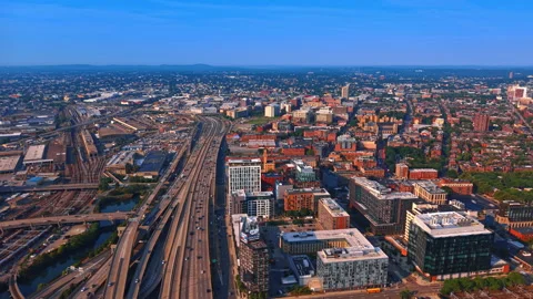The large multi-lane highway with multiple moving cars. The expansive network of Stock Footage 338136868