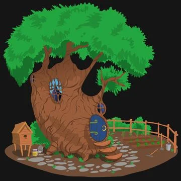 A large multi-storey tree with oval door in which a farmer lives. There is a Stock Illustration