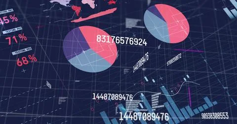 Large multicolored pie chart displaying data in dashboard, with world map 스톡 사진