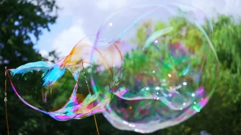 Large multicolored soap bubbles on a background of green trees and blue sky. Stock Footage 166386810