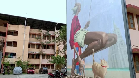 Large Mural On The Side Of Apartment Block, Fort Kochi, India - 26 Apr 2019 Stock Footage 296776847
