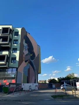 Large mural of stylized woman's face painted on the side of modern building Stock Photos