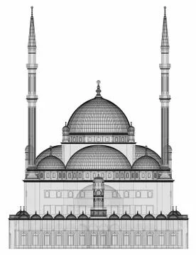 A large Muslim mosque, a three-dimensional raster illustration with contour l Illustrazione stock