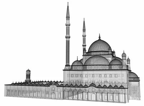 A large Muslim mosque, a three-dimensional raster illustration with contour l Stock Illustration
