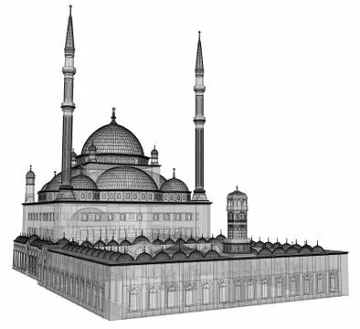 A large Muslim mosque, a three-dimensional raster illustration with contour l Stock-Illustration