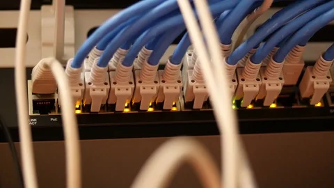 Large network hub and connected internet cables Stock Footage 88408889