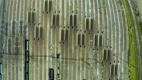 Large network of railway tracks of huge marshalling yard. Smooth transition view 스톡 동영상 133179545