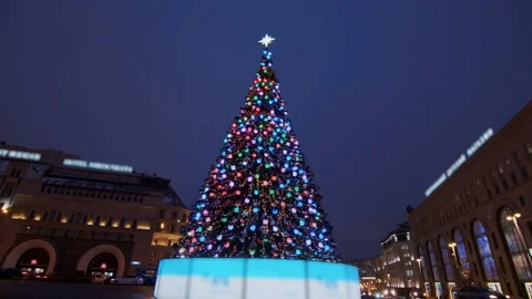 Large New Year tree glowing with colorful lights on the street Stock Footage 119491757