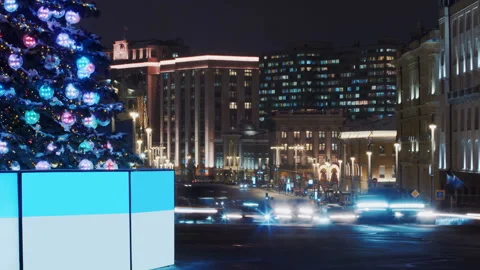 Large New Year tree glowing with colorful lights on the street Stock Footage 119491842