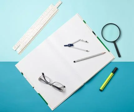 A large notebook for notes and drafting with stationery objects for a student Foto stock