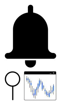 Large notification bell above magnifying glass and a financial chart with can Stock Illustration