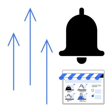 Large notification bell with upward blue arrows and online store interface, s 스톡 일러스트