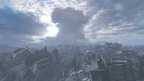 Large Nuclear explosion close to destroyed city, aerial Stock Footage 265908112